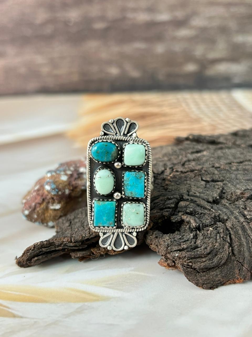 Handmade Sterling Silver White Water with Paloma Turquoise Adjustable Ring "Signed Nizhoni"
