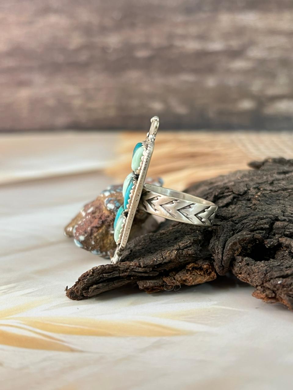Handmade Sterling Silver White Water with Paloma Turquoise Adjustable Ring "Signed Nizhoni"