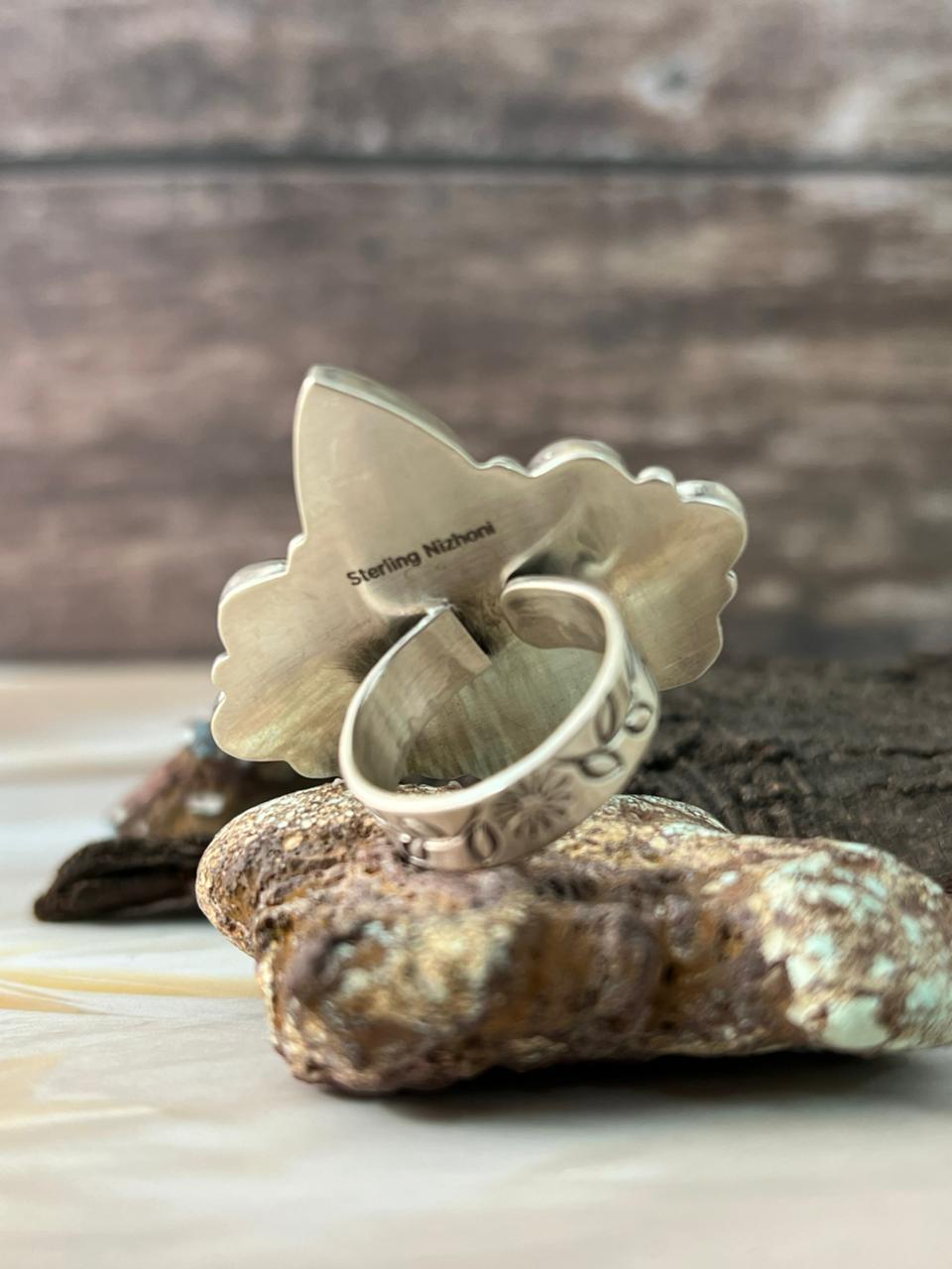Handmade Sterling Silver Blackjack Turquoise Adjustable Ring "Signed Nizhoni"