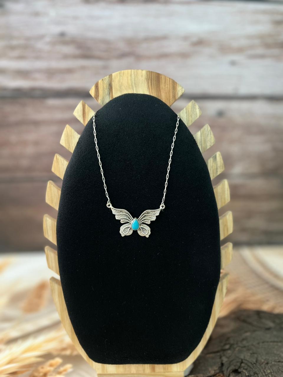 Handmade Sterling Silver Kingman Turquoise Butterfly Necklace "Signed Nizhoni"