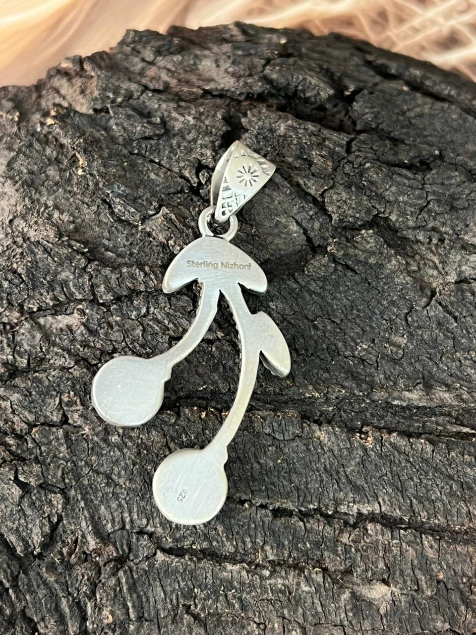 Handmade Sterling Silver Rosarita with Kingman Turquoise Cherry Pendant "Signed Nizhoni"