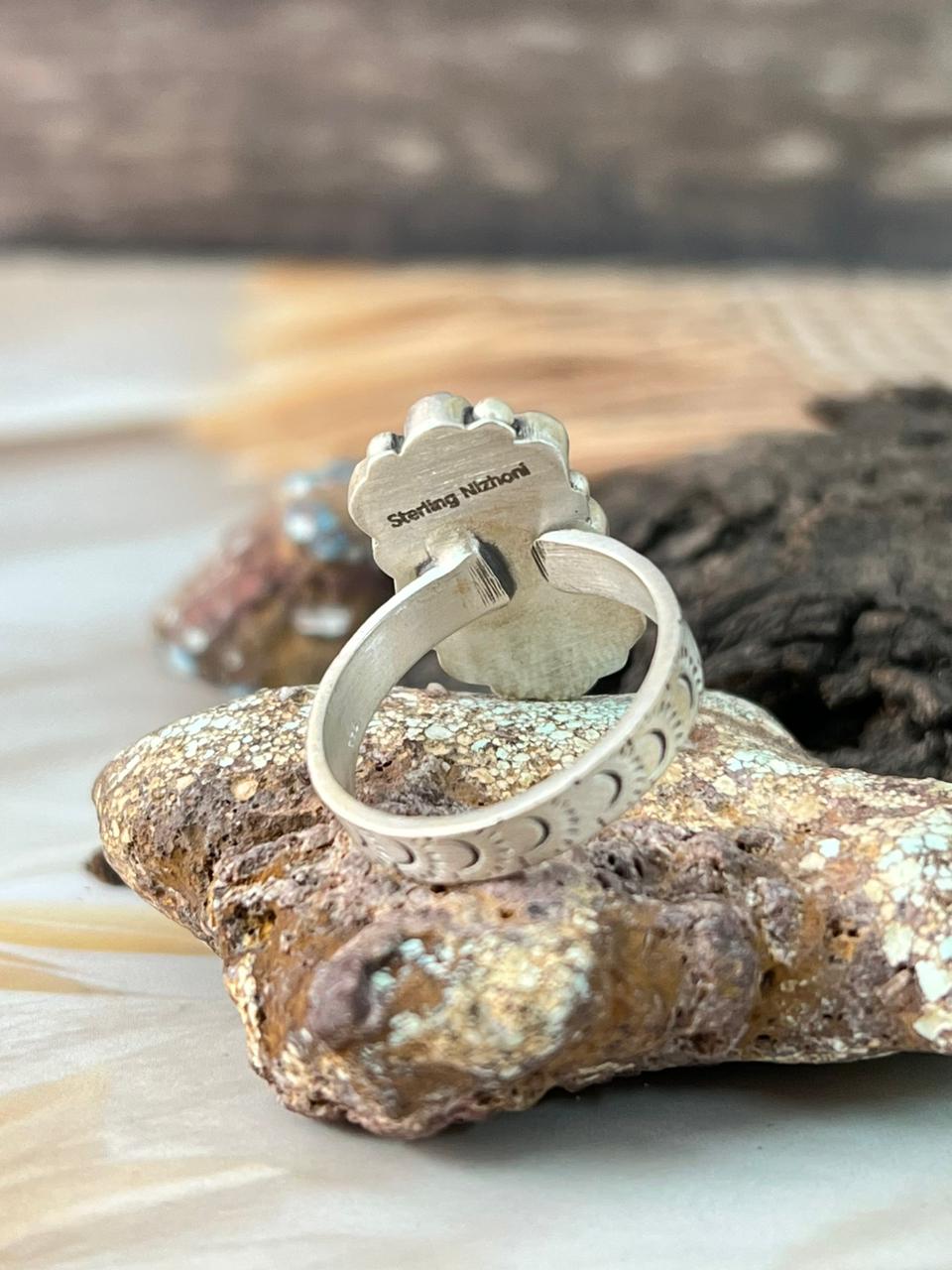 Handmade Sterling Silver Kingman Turquoise Adjustable Ring "Signed Nizhoni"
