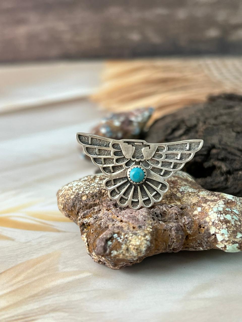 Handmade Sterling Silver Kingman Turquoise Thunderbird Adjustable Ring "Signed Nizhoni"