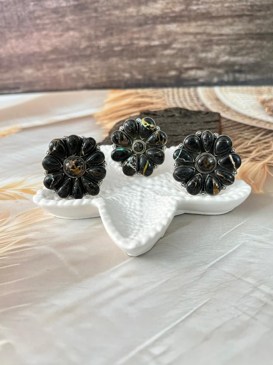 Handmade Sterling Silver Blackjack Turquoise Adjustable Ring "Signed Nizhoni"