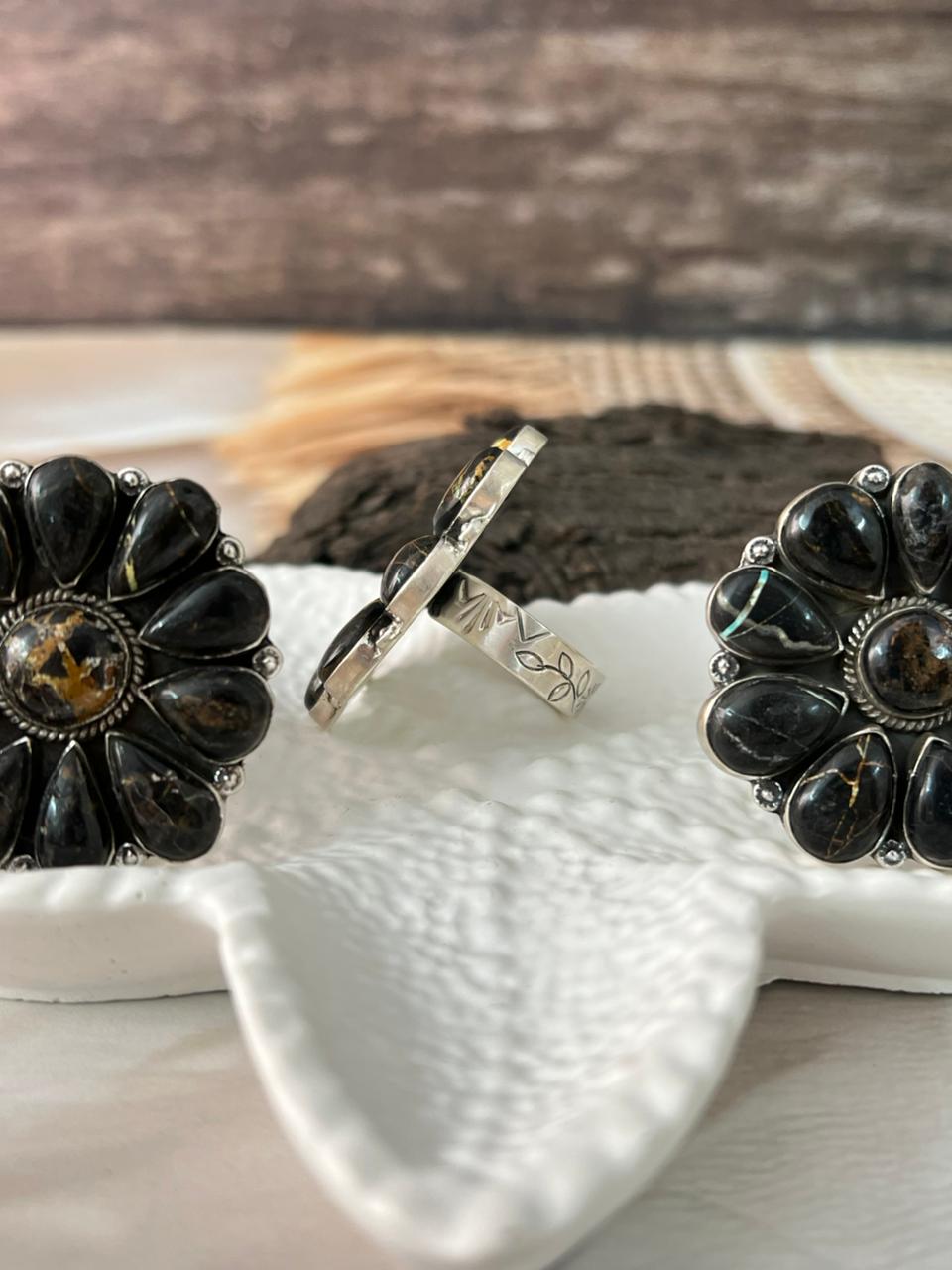Handmade Sterling Silver Blackjack Turquoise Adjustable Ring "Signed Nizhoni"