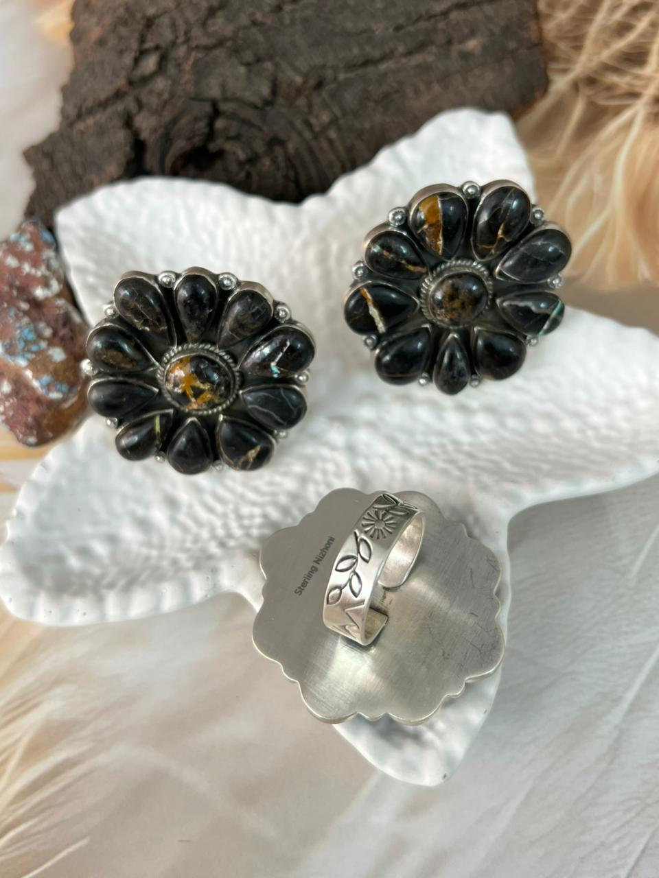 Handmade Sterling Silver Blackjack Turquoise Adjustable Ring "Signed Nizhoni"