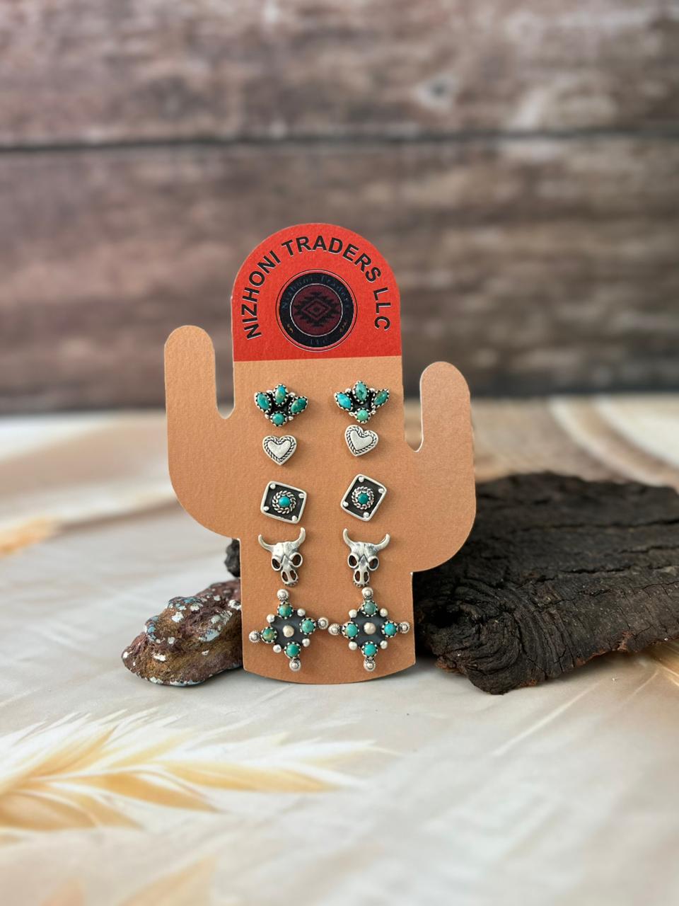 Handmade Sterling Silver Kingman Turquoise Post Studs Card Set
