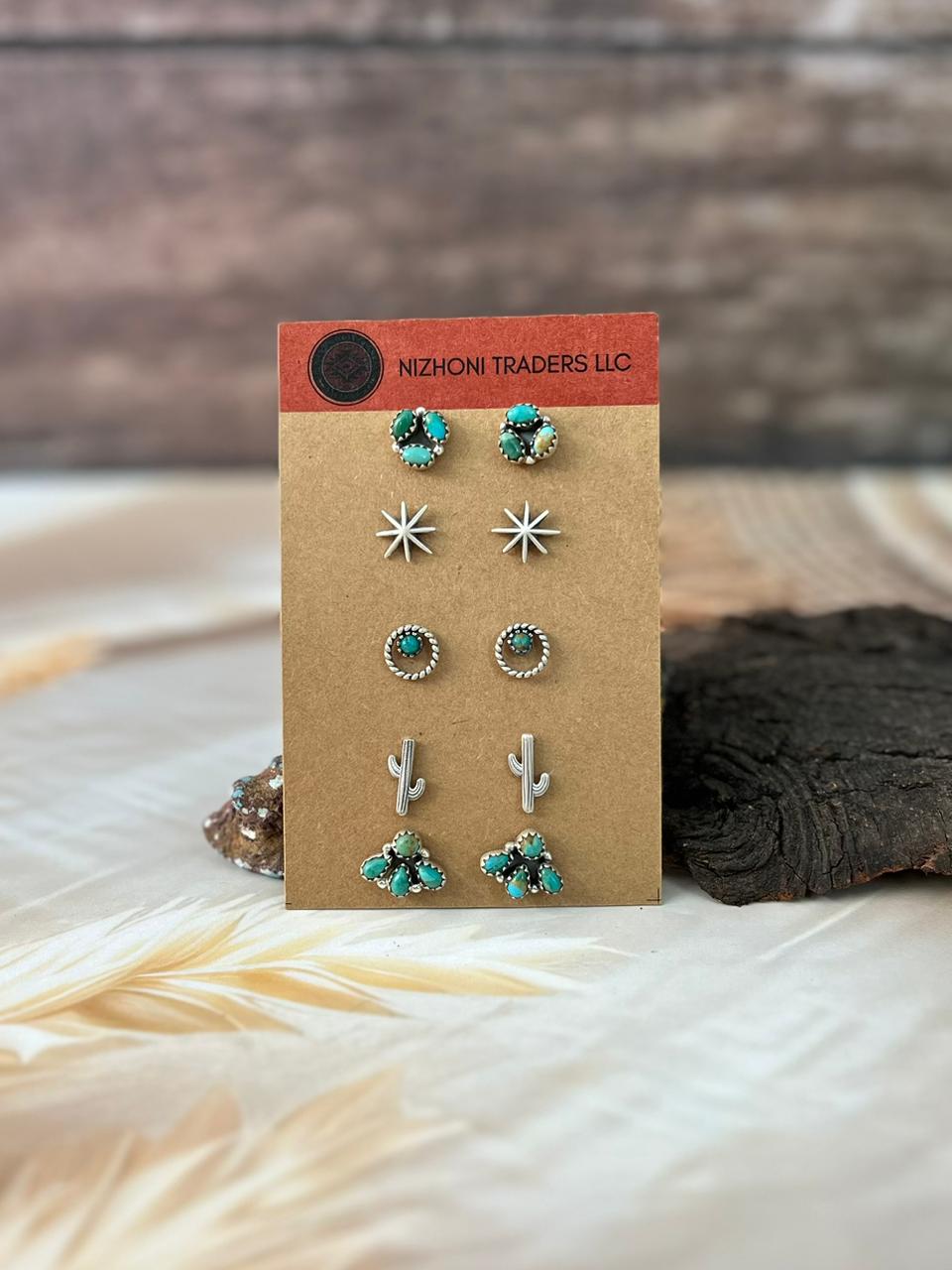 Handmade Sterling Silver Kingman Turquoise Post Studs Card Set