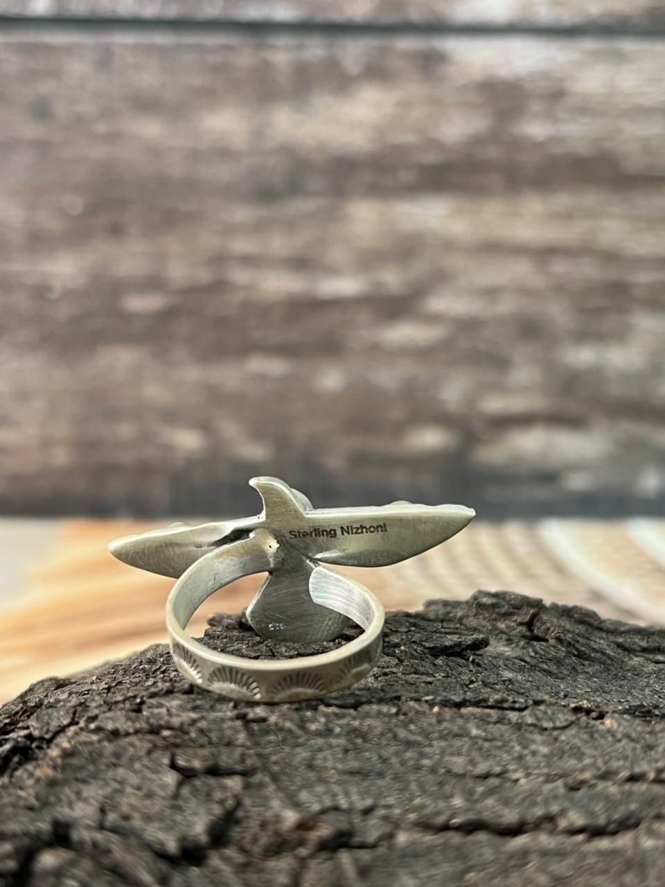 Handmade Sterling Silver Kingman Turquoise Thunderbird Adjustable Ring "Signed Nizhoni"