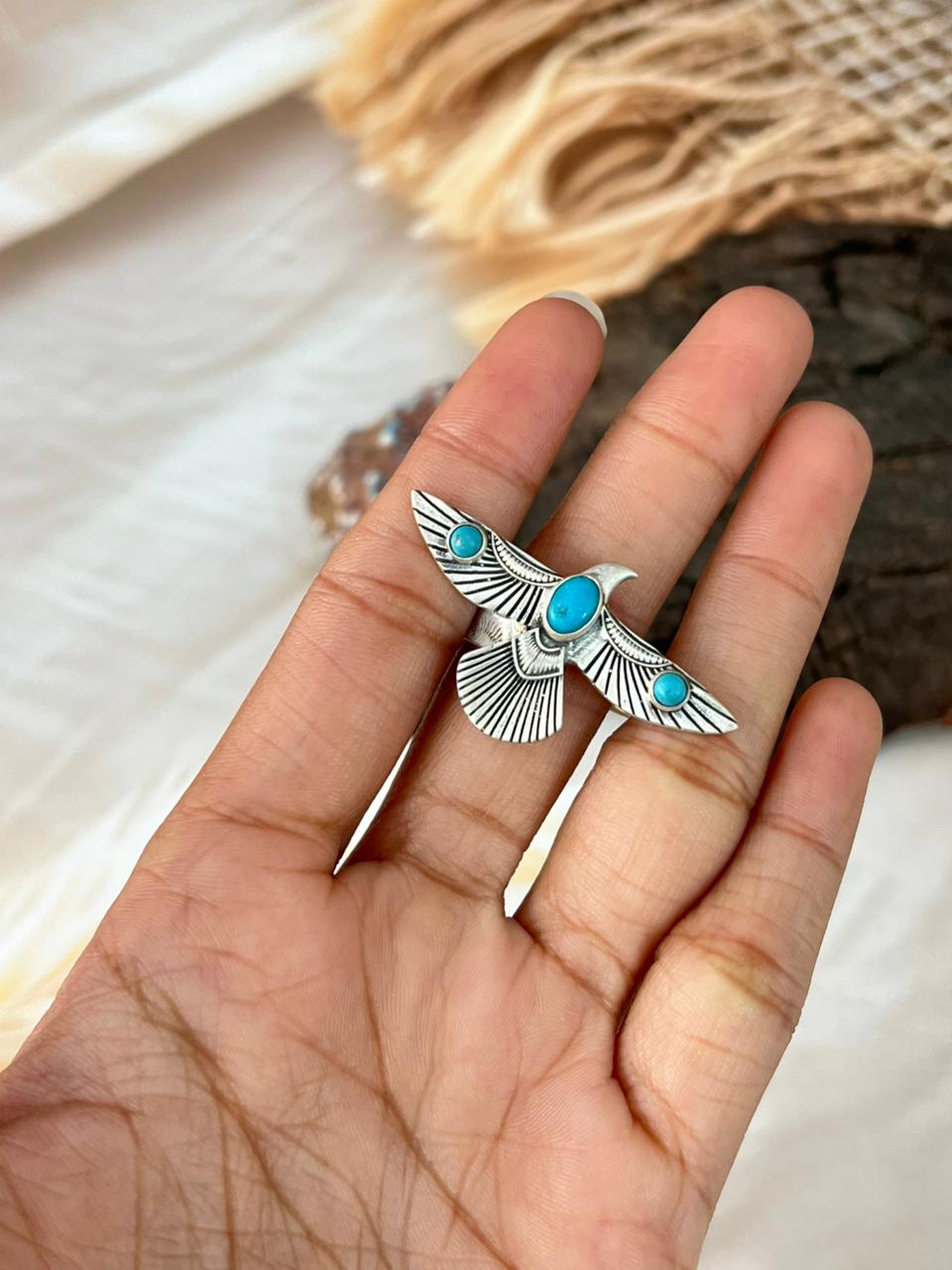 Handmade Sterling Silver Kingman Turquoise Thunderbird Adjustable Ring "Signed Nizhoni"