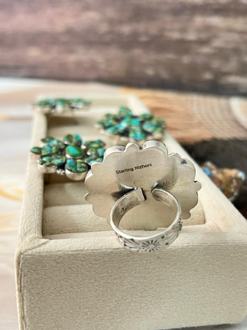 Handmade Sterling Silver Sonoran Cobble Collection: Sonoran Mountain Turquoise Adjustable Ring "Signed Nizhoni"