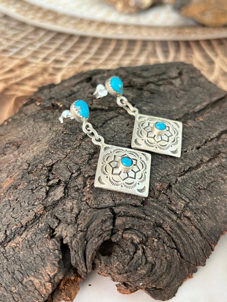 Handmade Sterling Silver Kingman Turquoise Post Dangle Earrings "Signed Nizhoni"