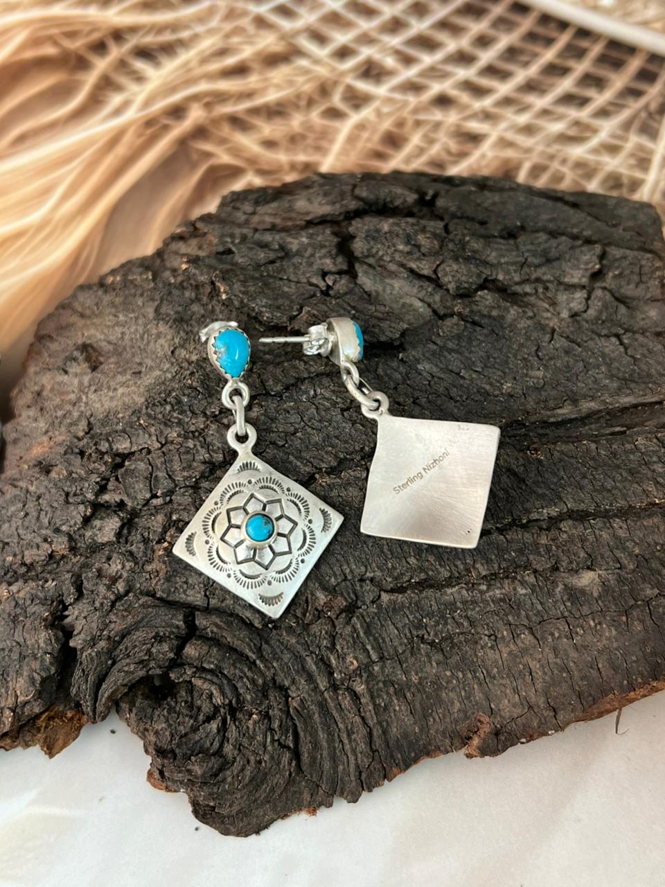 Handmade Sterling Silver Kingman Turquoise Post Dangle Earrings "Signed Nizhoni"