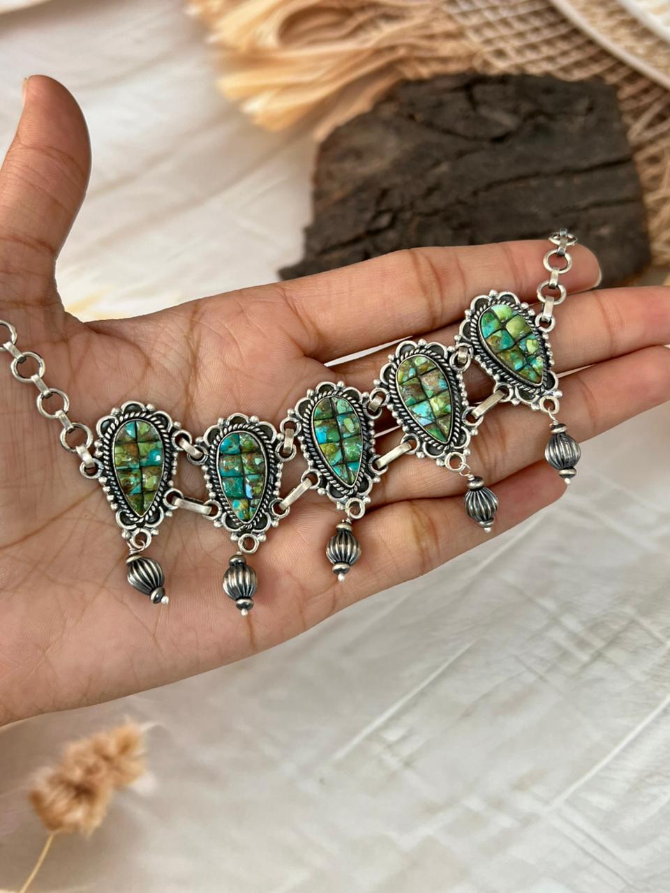 Handmade Sterling Silver Sonoran Cobble Collection: Sonoran Mountain Turquoise Choker Necklace "Signed Nizhoni"