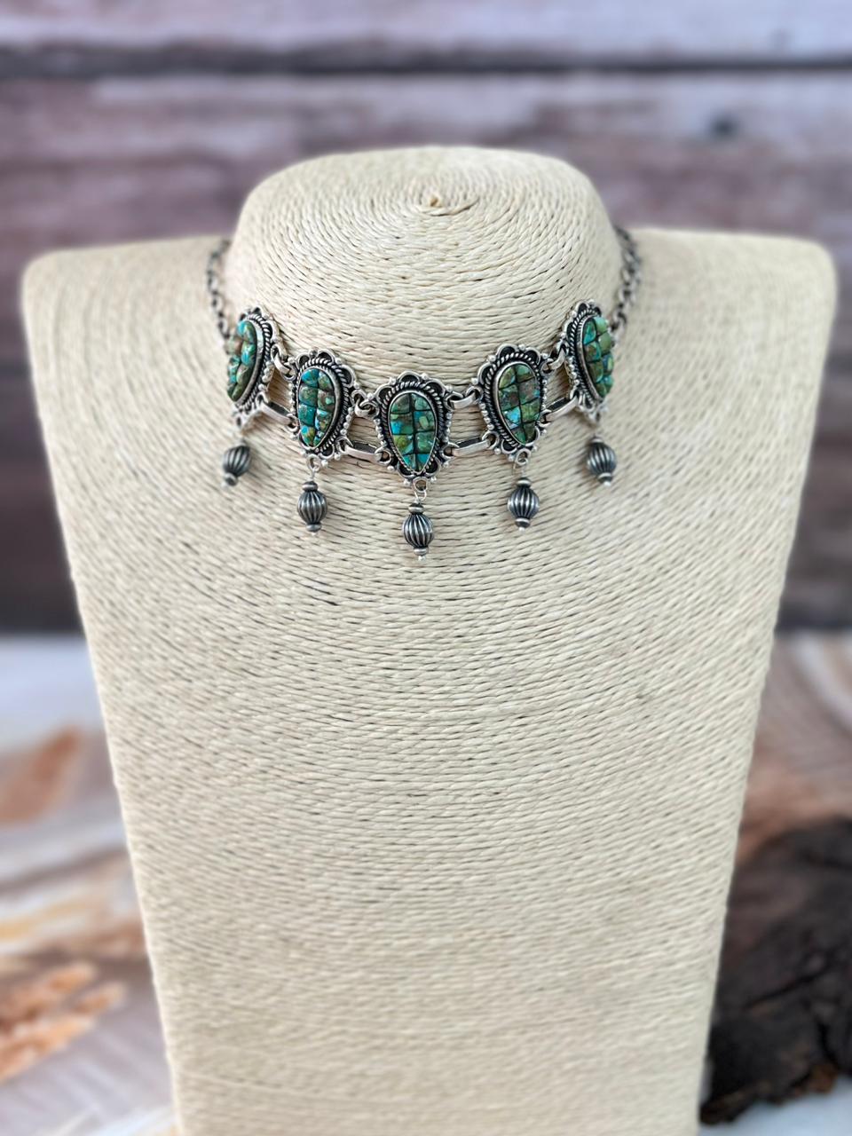 Handmade Sterling Silver Sonoran Cobble Collection: Sonoran Mountain Turquoise Choker Necklace "Signed Nizhoni"