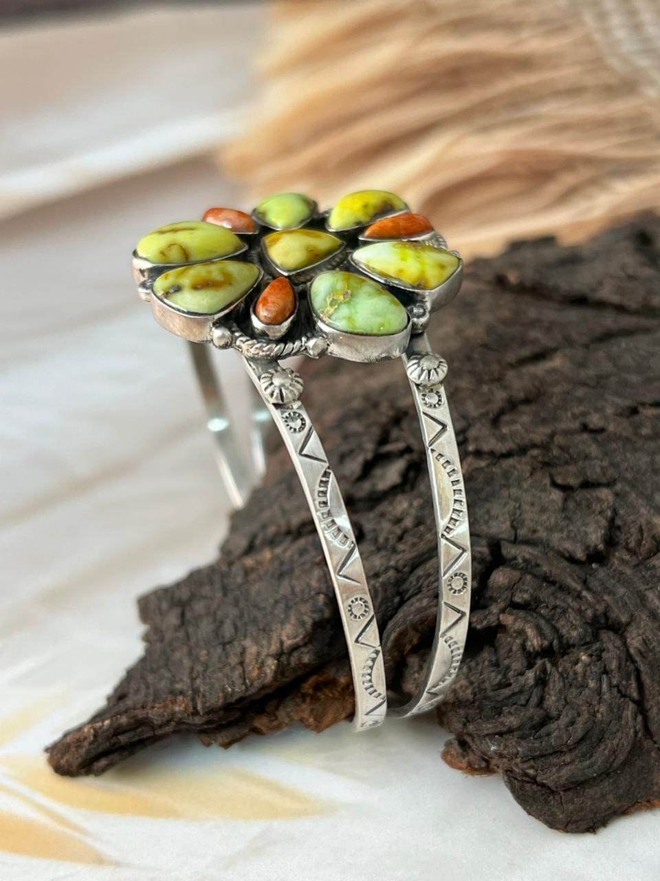 Handmade Sterling Silver Palomino Turquoise with Orange Mojave Cuff Bracelet "Signed Nizhoni"
