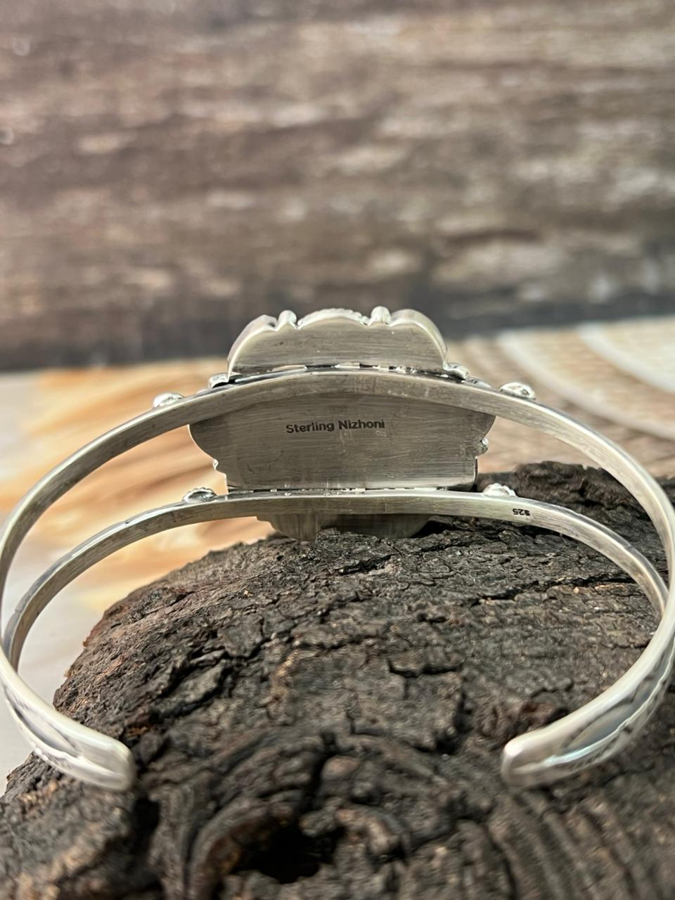 Handmade Sterling Silver Palomino Turquoise with Orange Mojave Cuff Bracelet "Signed Nizhoni"