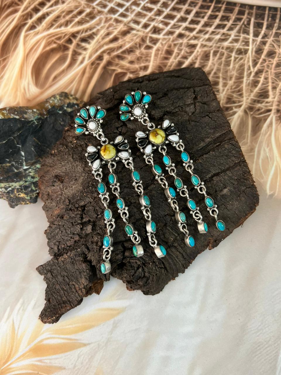 Handmade Sterling Silver Palomino with Kingman Turquoise and White Buffalo Post Dangle Earrings "Signed Nizhoni"