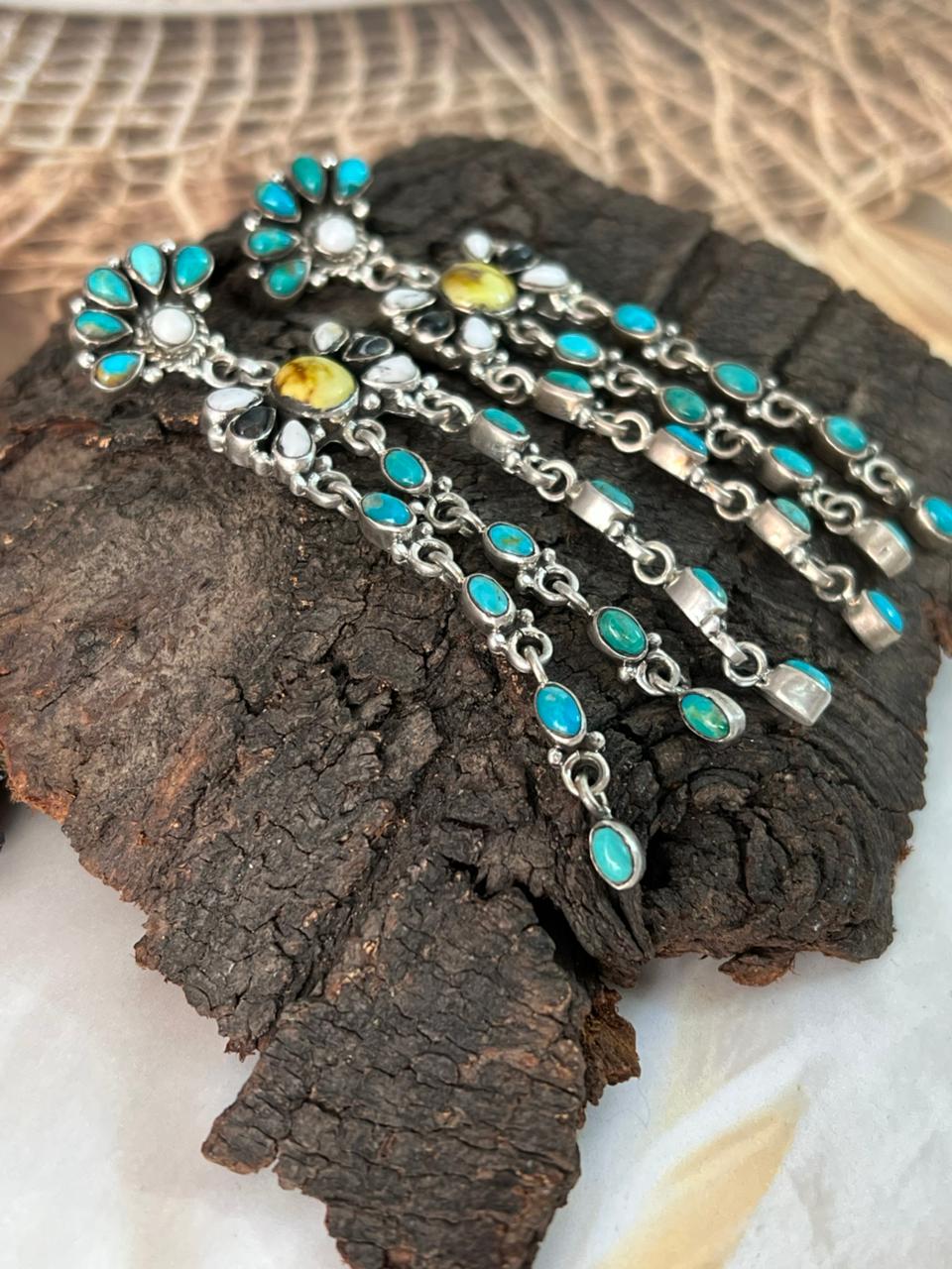 Handmade Sterling Silver Palomino with Kingman Turquoise and White Buffalo Post Dangle Earrings "Signed Nizhoni"
