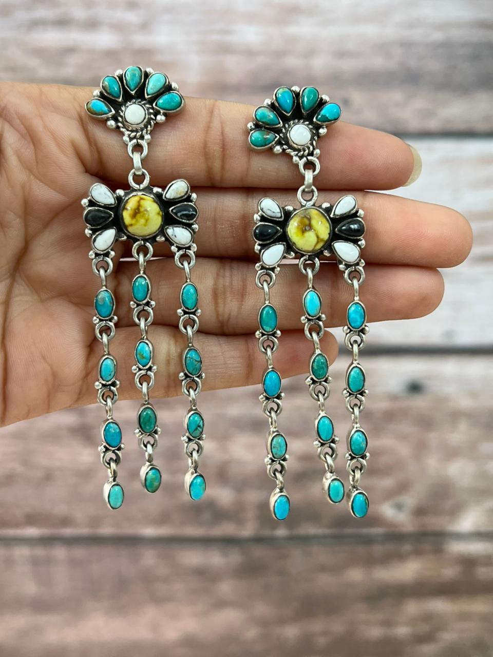 Handmade Sterling Silver Palomino with Kingman Turquoise and White Buffalo Post Dangle Earrings "Signed Nizhoni"