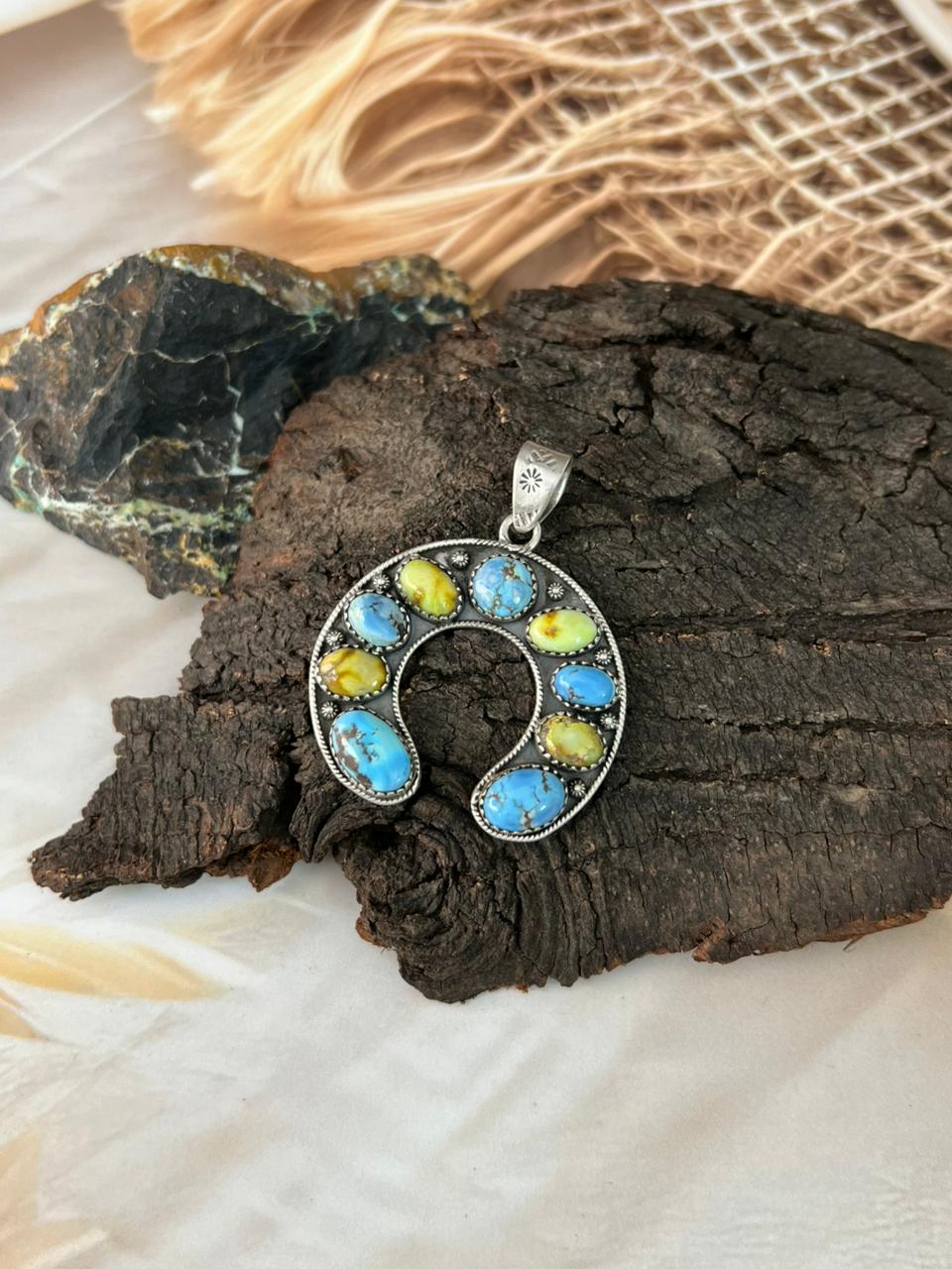 Handmade Sterling Silver Golden Hills with Palomino Turquoise Naja Pendant "Signed Nizhoni"