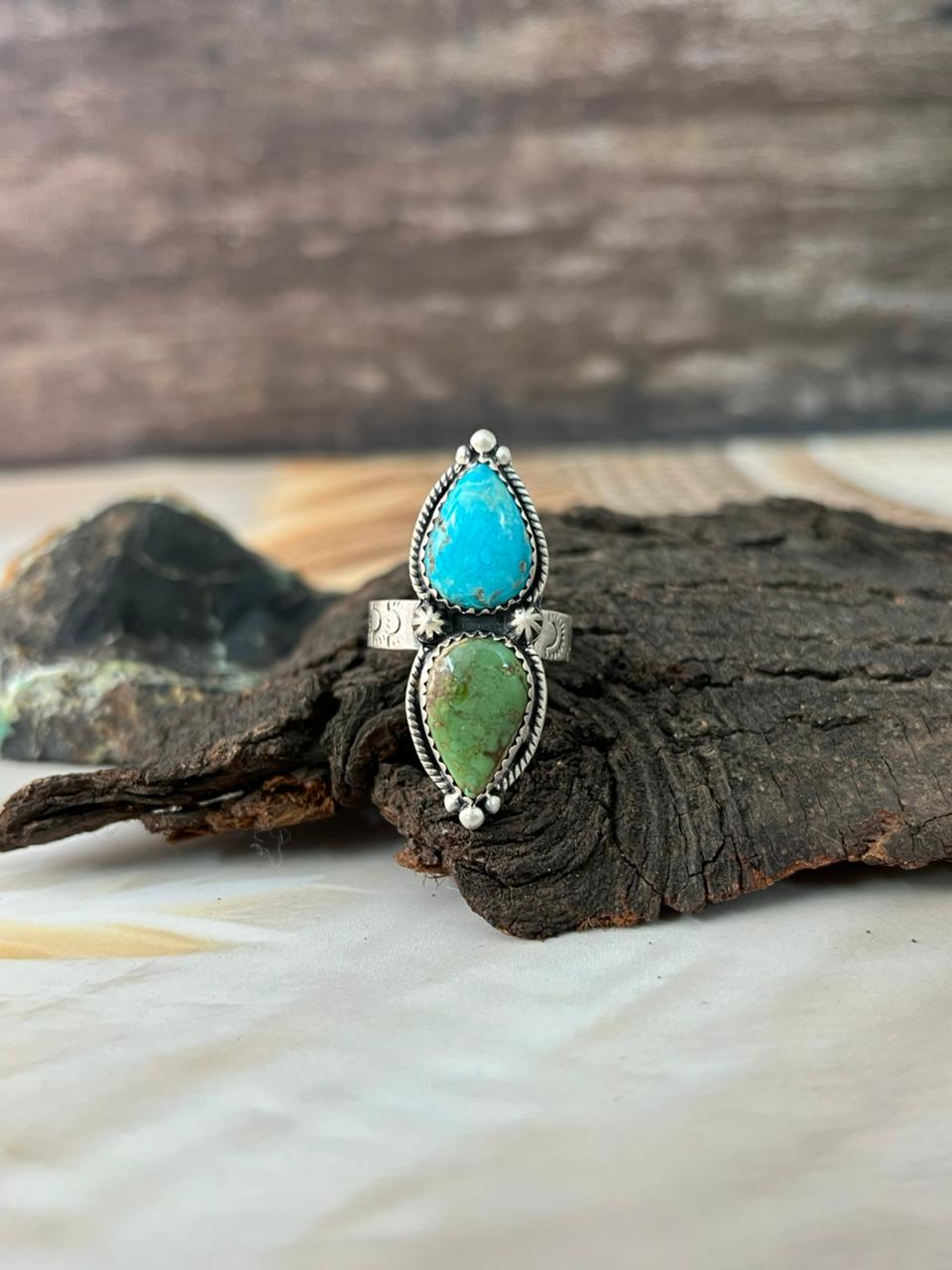 Handmade Sterling Silver Sonoran Mountain with Sierra Bella Turquoise Adjustable Ring "Signed Nizhoni"