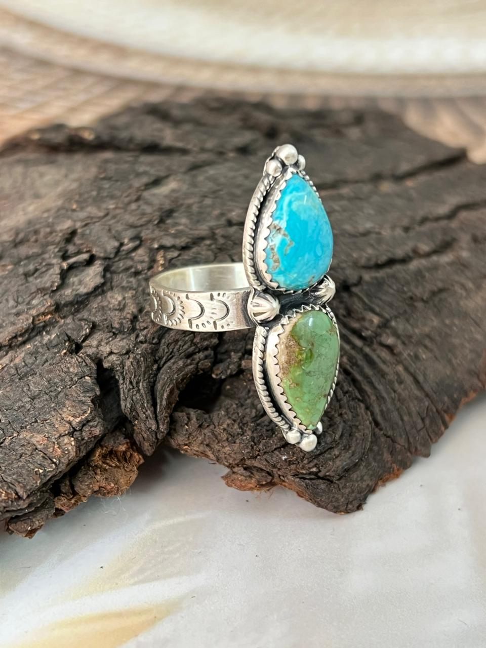Handmade Sterling Silver Sonoran Mountain with Sierra Bella Turquoise Adjustable Ring "Signed Nizhoni"