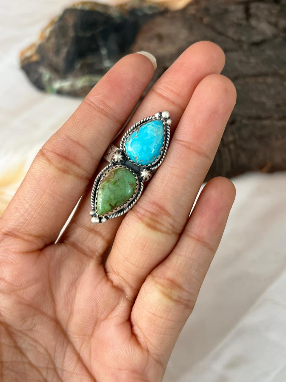 Handmade Sterling Silver Sonoran Mountain with Sierra Bella Turquoise Adjustable Ring "Signed Nizhoni"