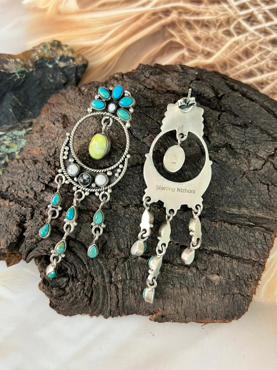 Handmade Sterling Silver Palomino with Kingman Turquoise and White Buffalo Post Dangle Earrings "Signed Nizhoni"