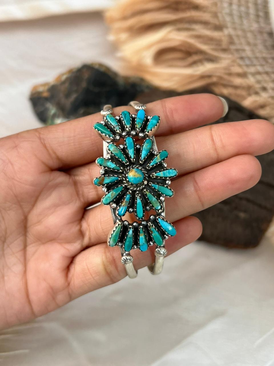Handmade Sterling Silver Kingman Turquoise Cuff Bracelet "Signed Nizhoni"