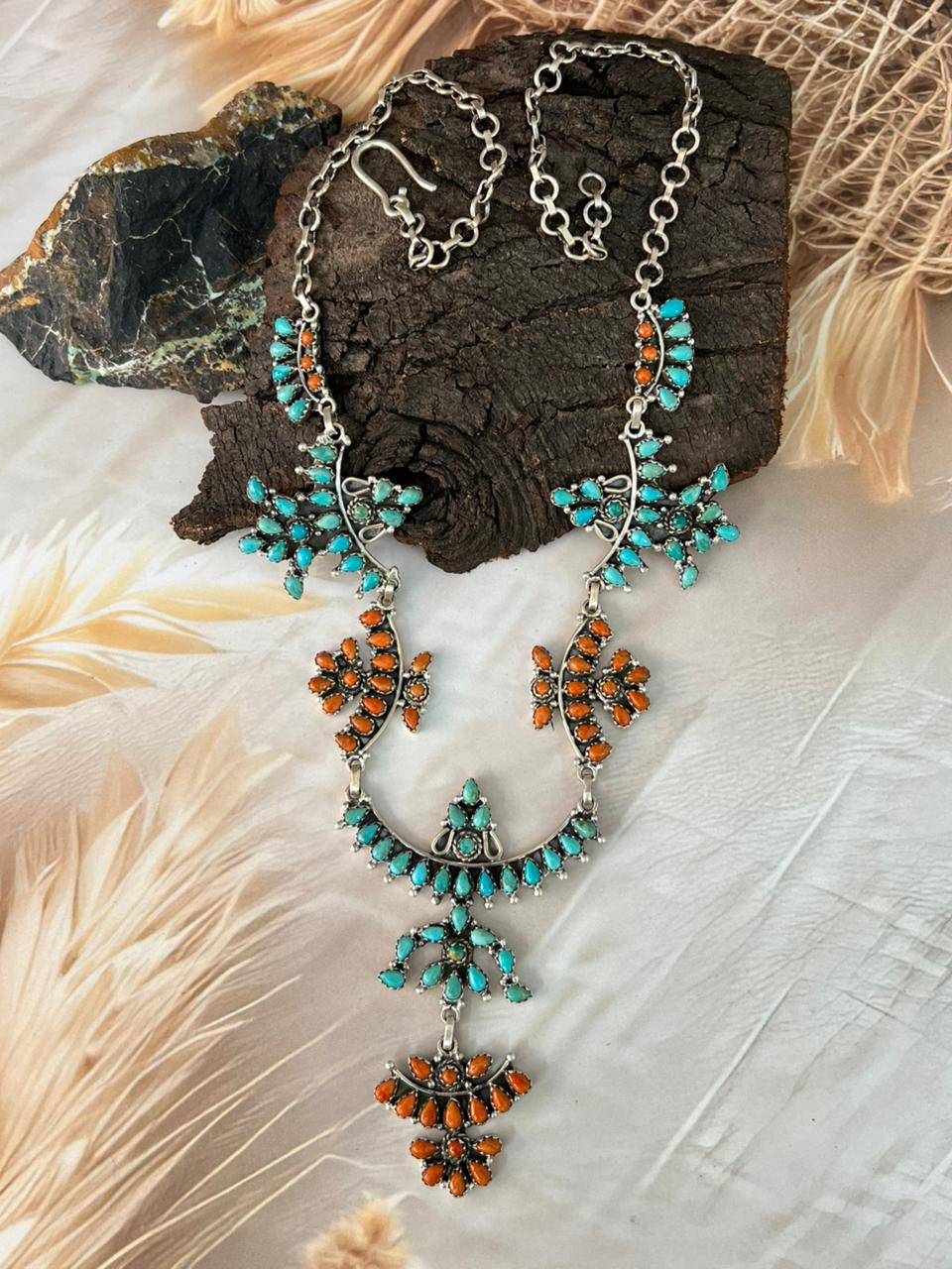 Handmade Sterling Silver Kingman Turquoise with Orange Mojave Necklace "Signed Nizhoni"