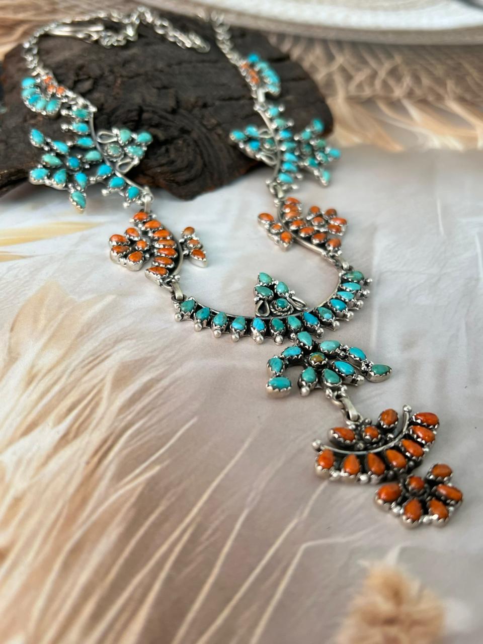 Handmade Sterling Silver Kingman Turquoise with Orange Mojave Necklace "Signed Nizhoni"