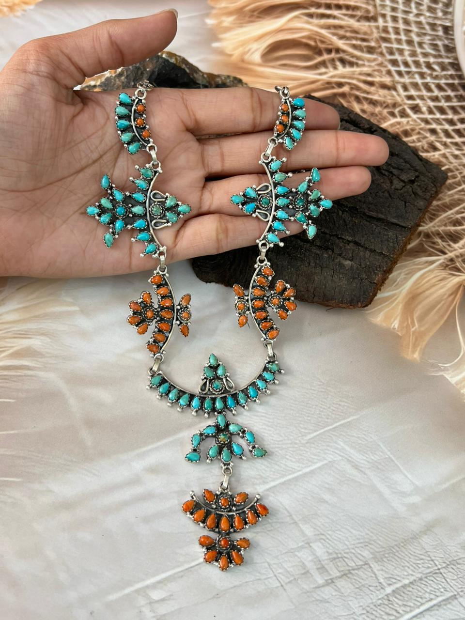Handmade Sterling Silver Kingman Turquoise with Orange Mojave Necklace "Signed Nizhoni"