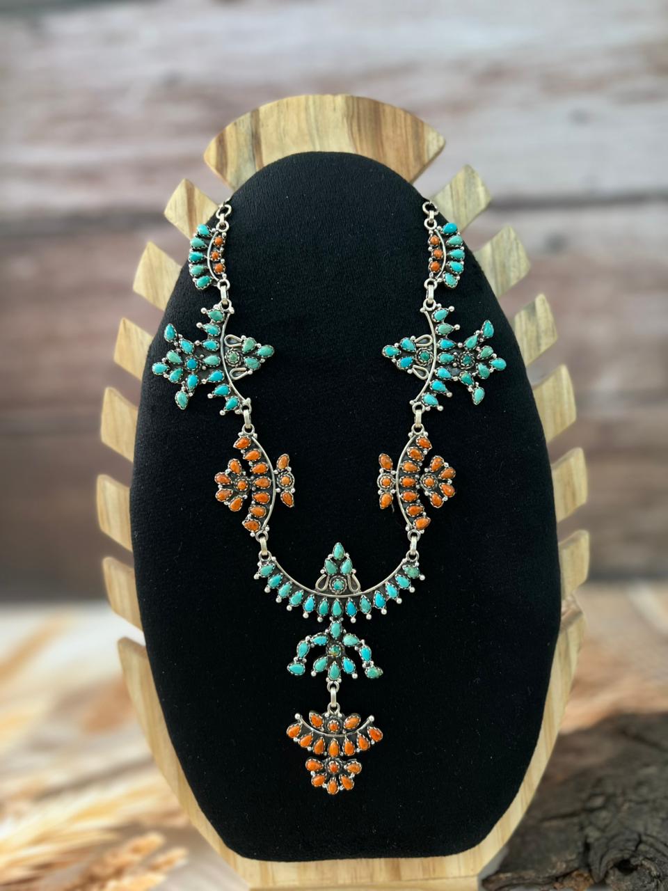 Handmade Sterling Silver Kingman Turquoise with Orange Mojave Necklace "Signed Nizhoni"