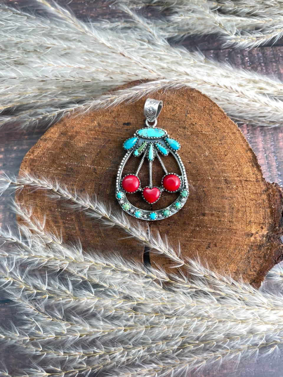 Handmade Sterling Silver Kingman with Rosarita and Sonoran Mountain Turquoise Cherry Pendant "Signed Nizhoni"