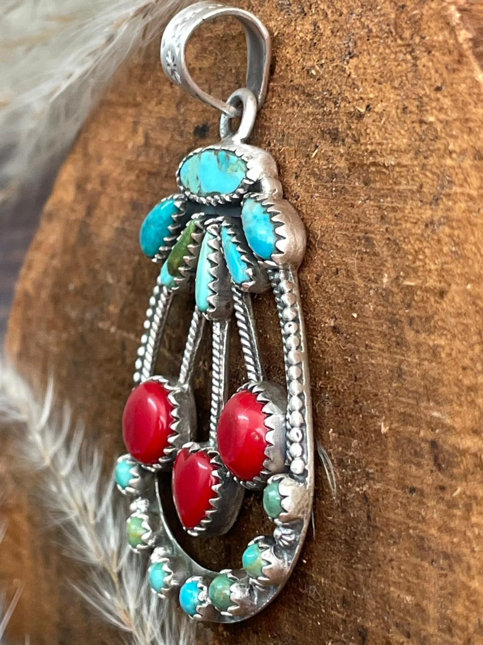 Handmade Sterling Silver Kingman with Rosarita and Sonoran Mountain Turquoise Cherry Pendant "Signed Nizhoni"