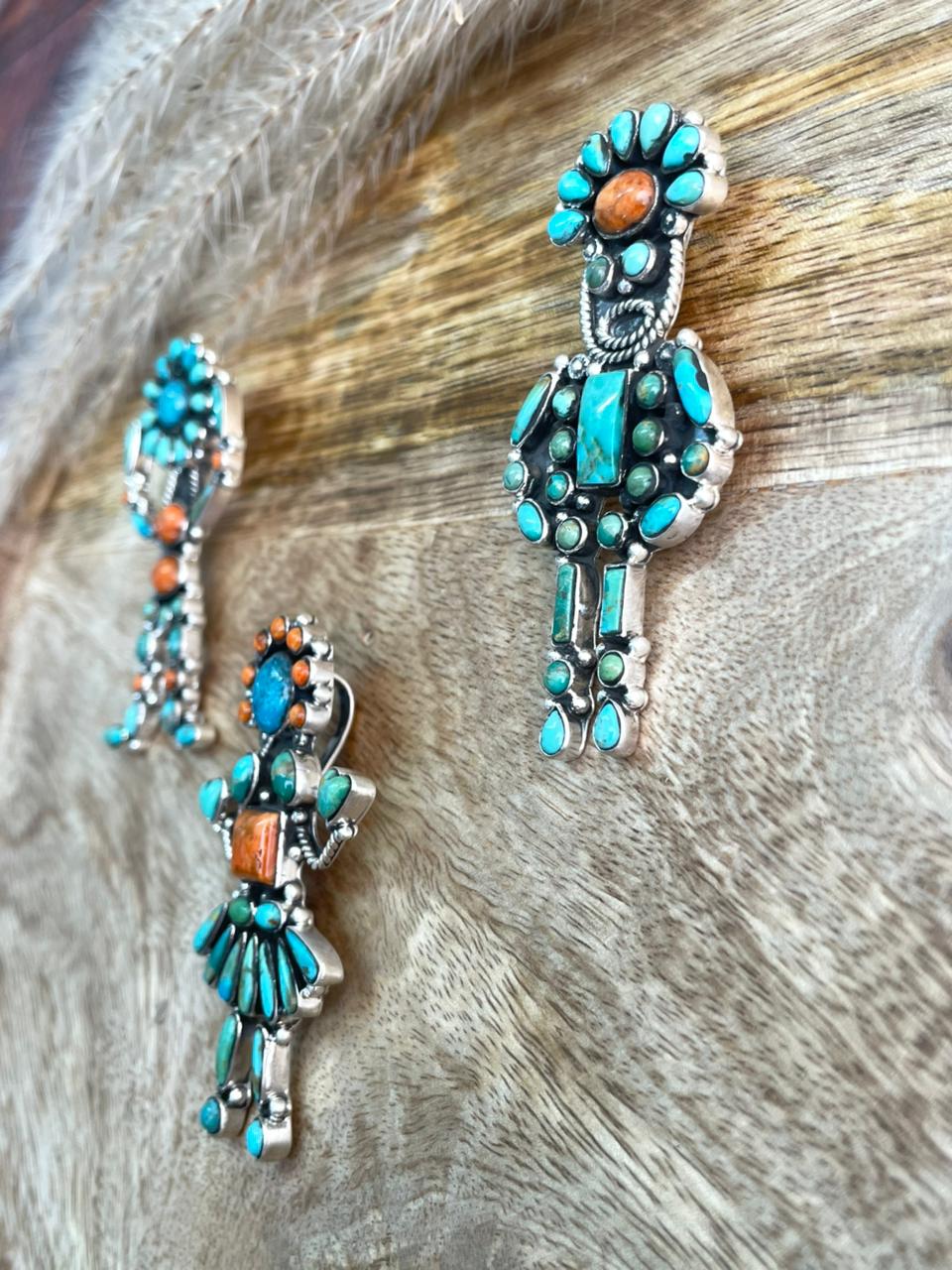 Handmade Sterling Silver Blue Kingman with Kingman Turquoise and Orange Mojave Pendant "Signed Nizhoni"