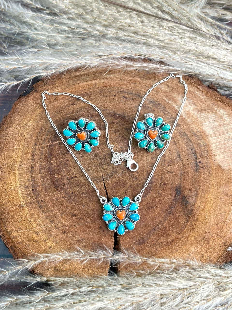 Handmade Sterling Silver Kingman Turquoise with Orange Mojave Necklace Earrings Set "Signed Nizhoni"
