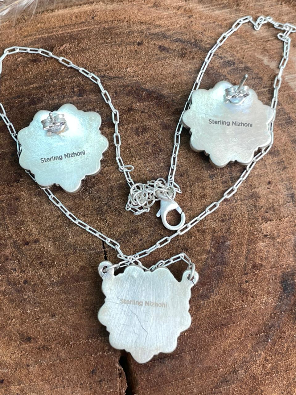 Handmade Sterling Silver Kingman Turquoise with Orange Mojave Necklace Earrings Set "Signed Nizhoni"