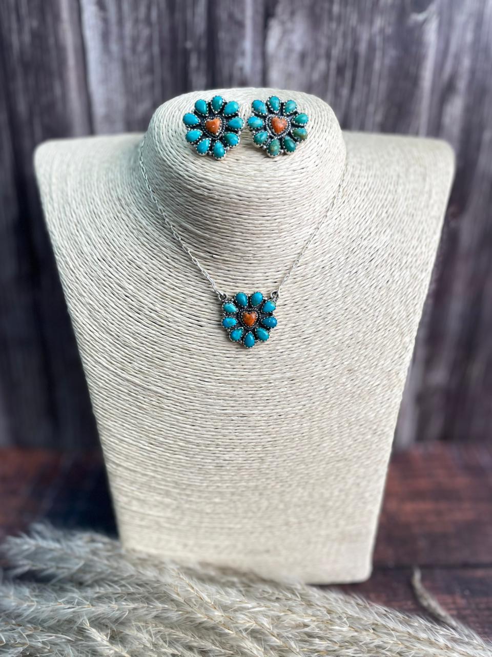 Handmade Sterling Silver Kingman Turquoise with Orange Mojave Necklace Earrings Set "Signed Nizhoni"