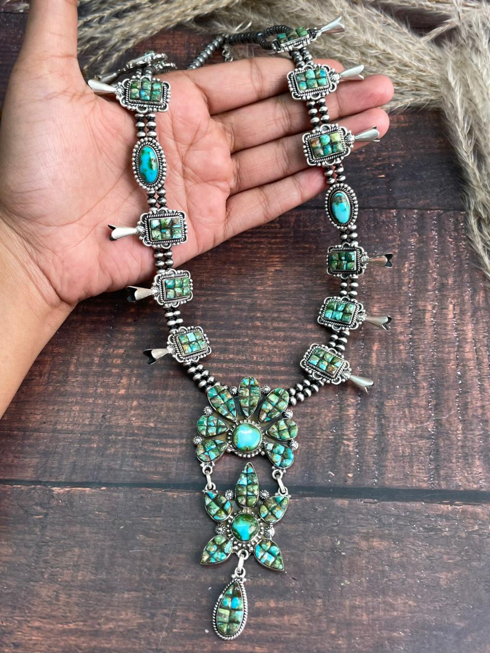 Handmade Sterling Silver Sonoran Cobble Collection: Sonoran Mountain Turquoise Squash Blossom Beaded Necklace "Signed Nizhoni"