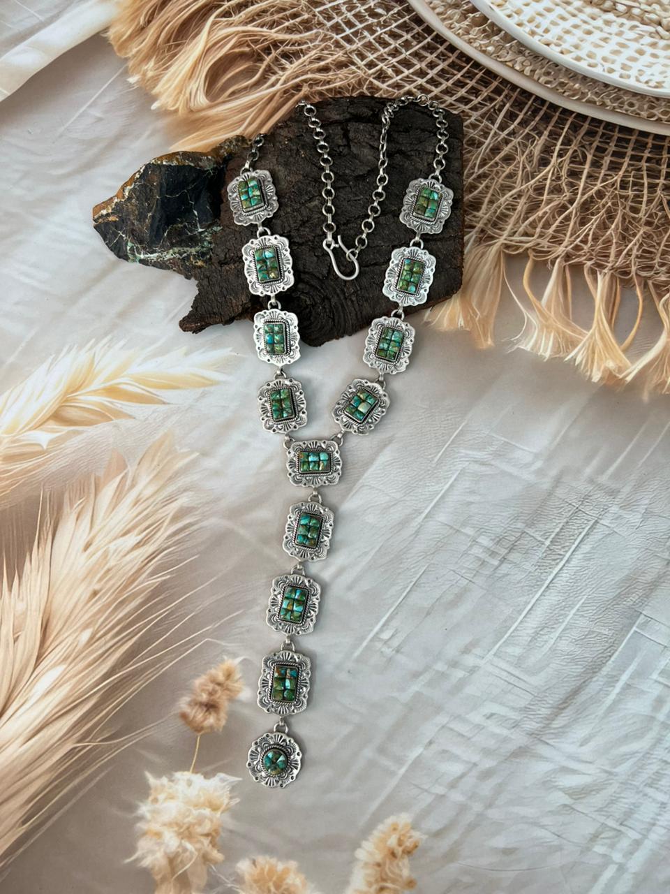 Handmade Sterling Silver Sonoran Cobble Collection: Sonoran Mountain Turquoise 'Y Shaped' Necklace "Signed Nizhoni"