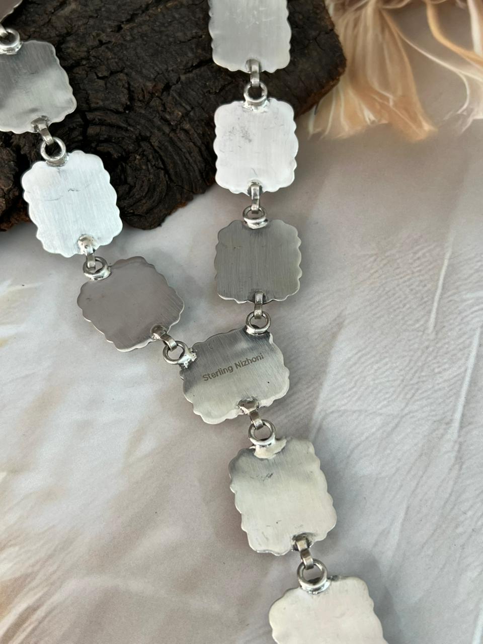 Handmade Sterling Silver Sonoran Cobble Collection: Sonoran Mountain Turquoise 'Y Shaped' Necklace "Signed Nizhoni"