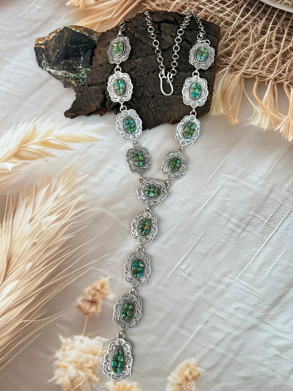 Handmade Sterling Silver Sonoran Cobble Collection: Sonoran Mountain Turquoise 'Y Shaped' Necklace "Signed Nizhoni"