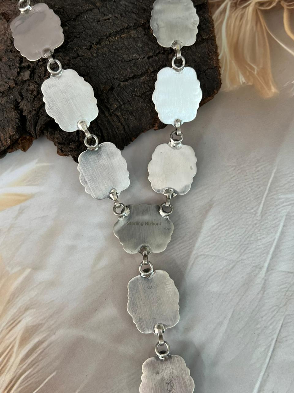Handmade Sterling Silver Sonoran Cobble Collection: Sonoran Mountain Turquoise 'Y Shaped' Necklace "Signed Nizhoni"