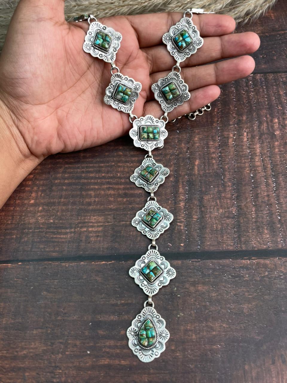 Handmade Sterling Silver Sonoran Cobble Collection: Sonoran Mountain Turquoise 'Y Shaped' Necklace "Signed Nizhoni"