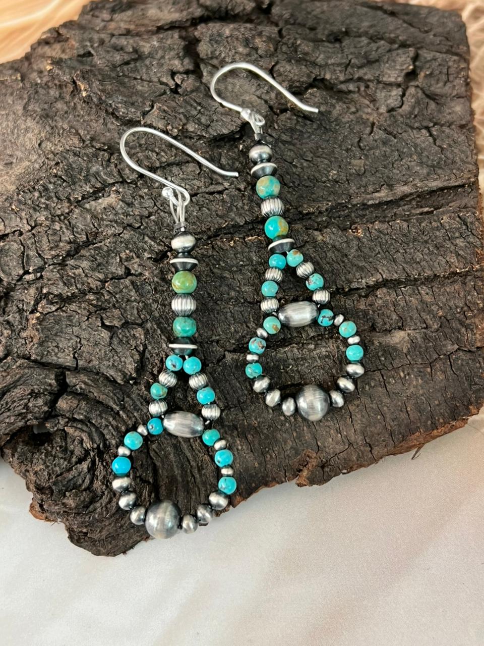 Handmade Sterling Silver Kingman Turquoise Hook Dangle Beaded Earrings