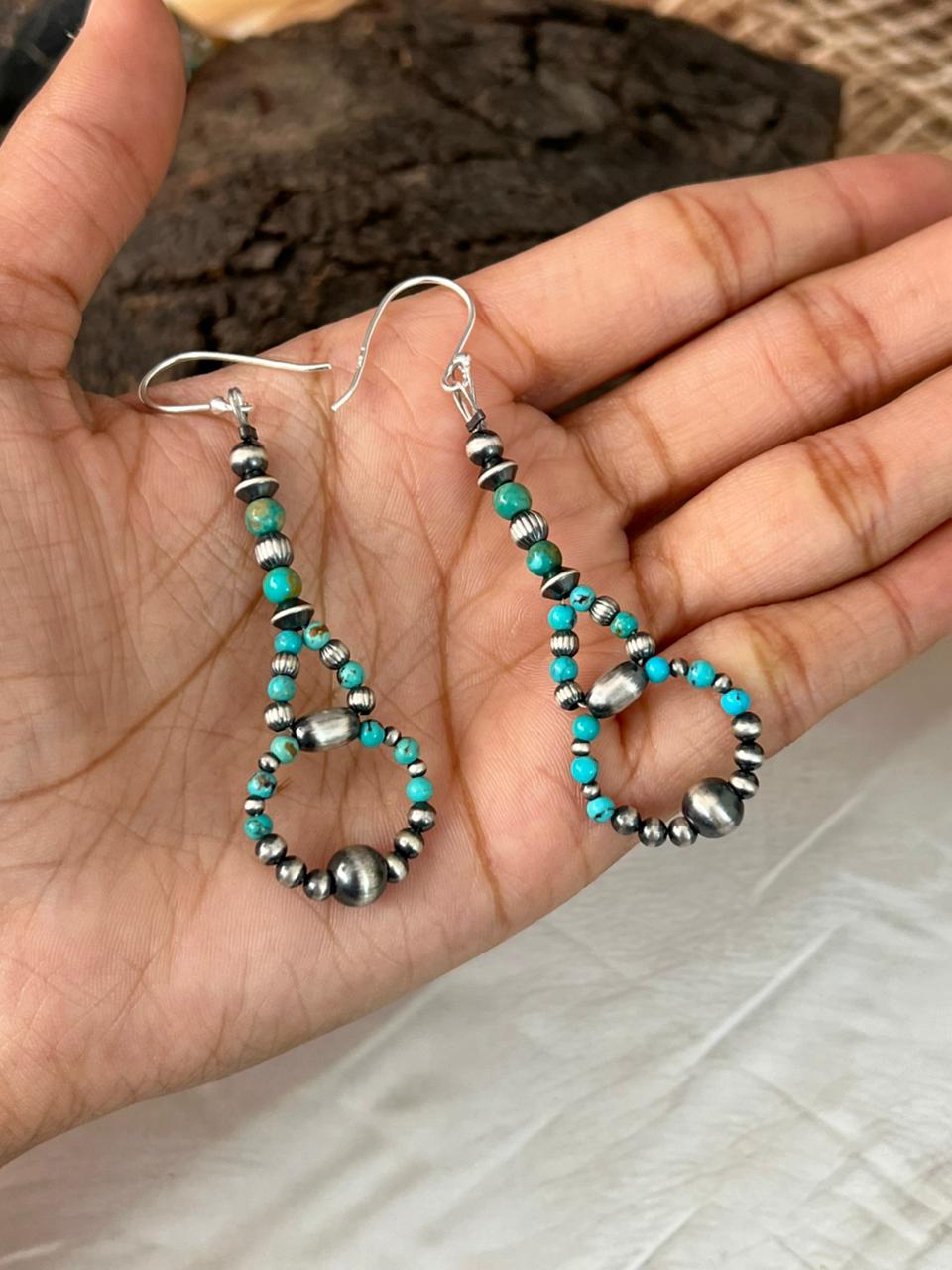 Handmade Sterling Silver Kingman Turquoise Hook Dangle Beaded Earrings
