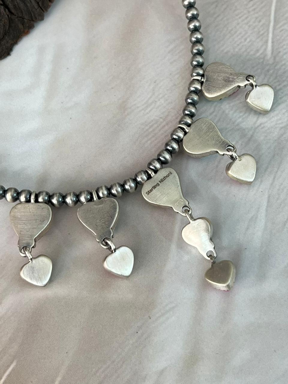 Handmade Sterling Silver Cotton Candy Beaded Heart Necklace "Signed Nizhoni"