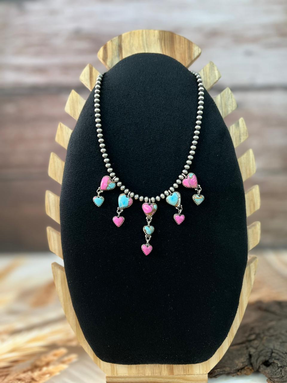 Handmade Sterling Silver Cotton Candy Beaded Heart Necklace "Signed Nizhoni"
